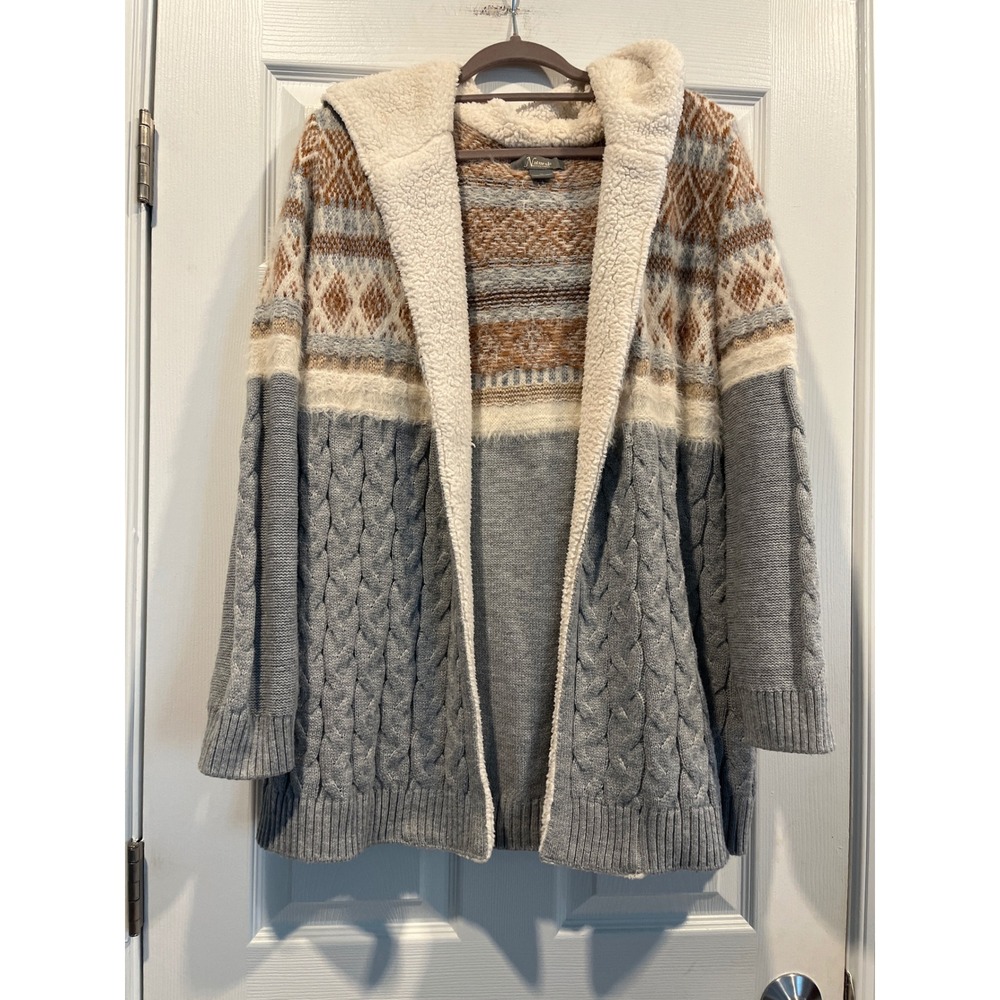 Natural Reflections Grey Fair Isle Sherpa Lined Hooded Cable Knit Cardigan XL